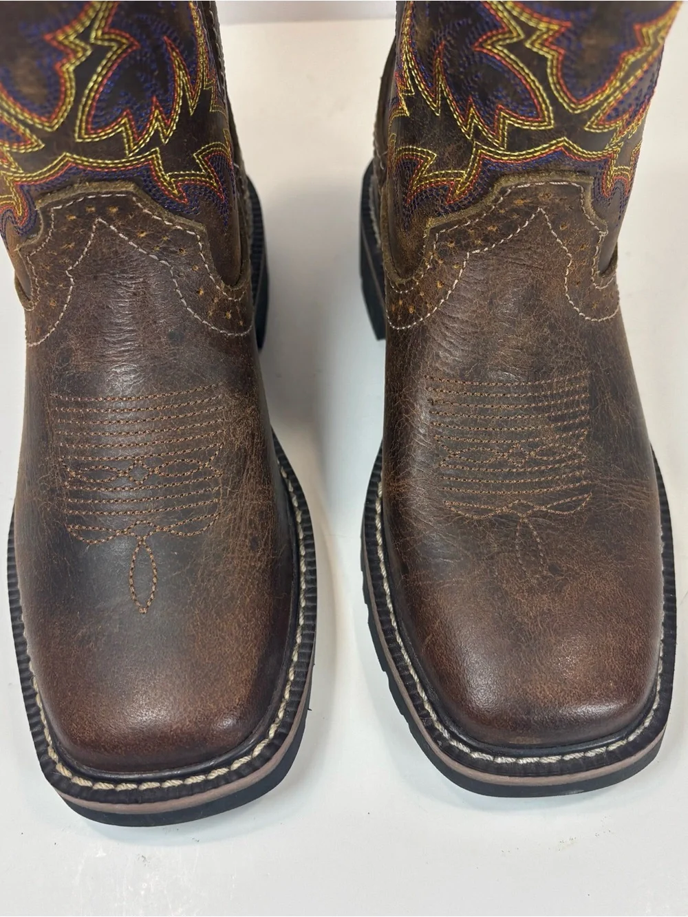 Justin Embroidered Western Boots Junior Sz 12.5 D Brown Leather Kids Square Toe